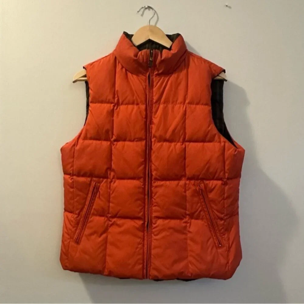Ralph Lauren Reversible Puffer Vest Jacket Orange Brown Check Medium Cabincore